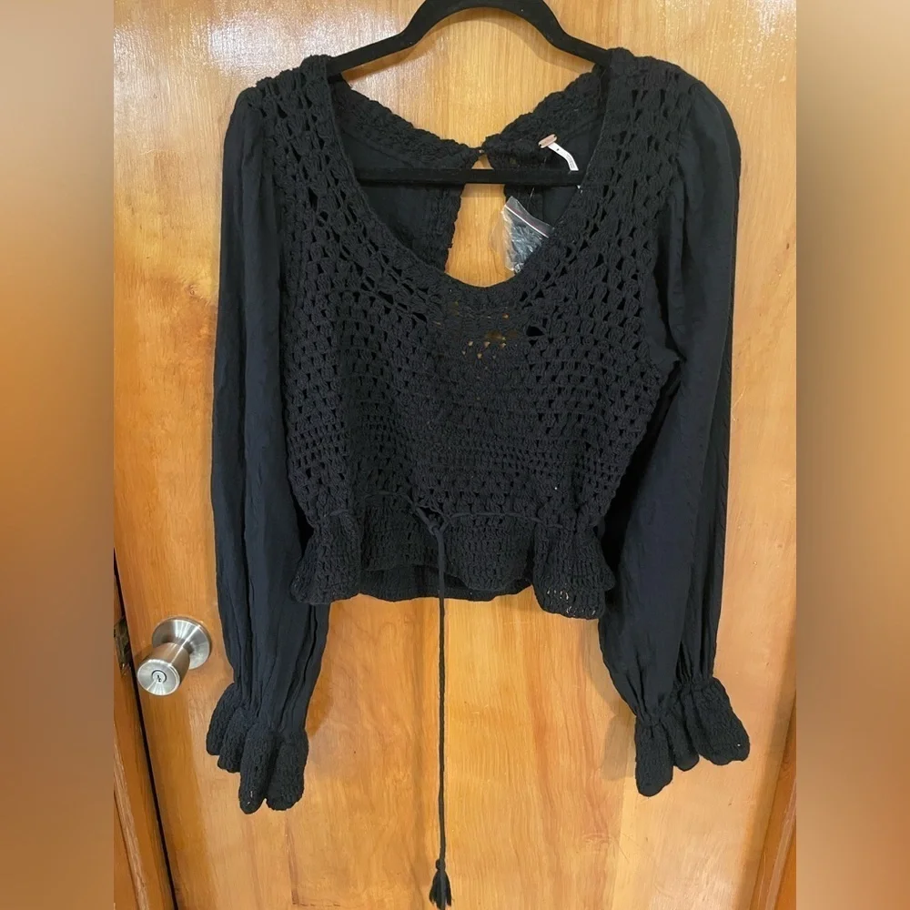 NWOT Free People Megan Crotchet Top in Black